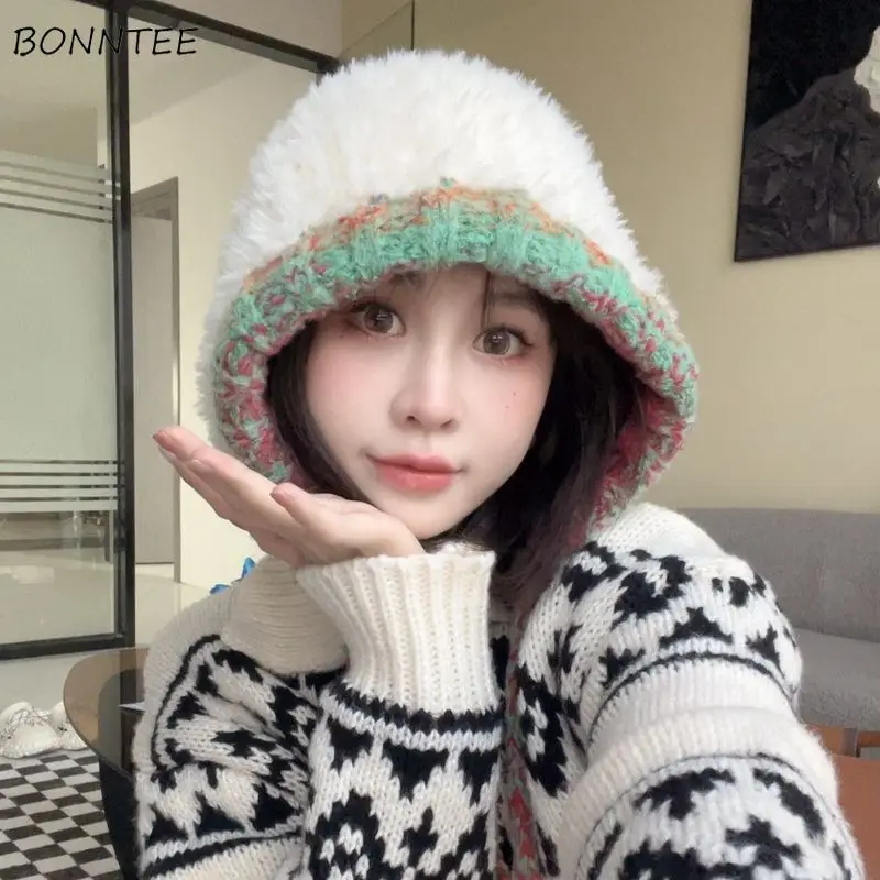 Plush Knitted Hats Women Winter Bandage Thicker Thermal Ear Protection Show Face Small Panelled Patchwork Sweet Beanies Cap