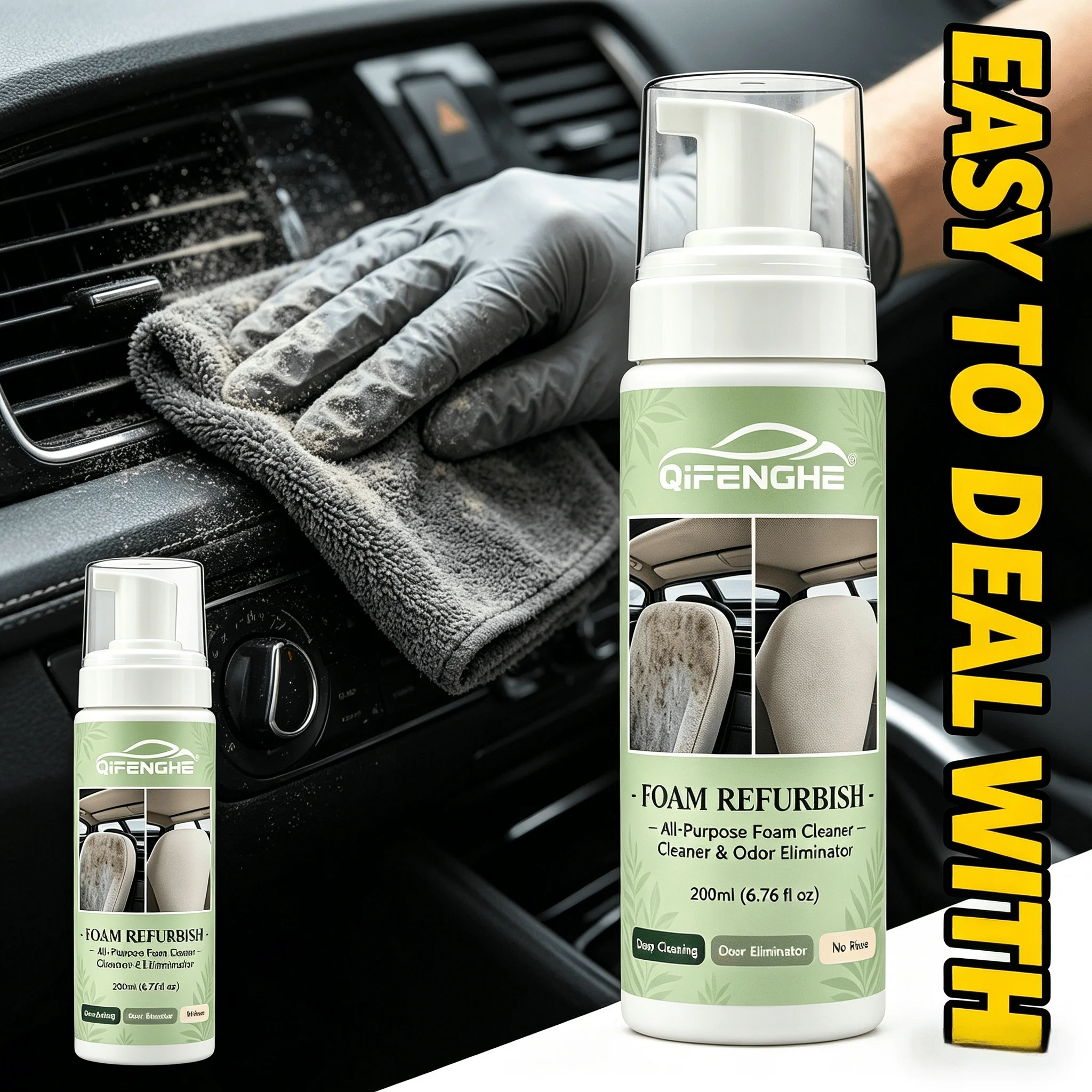 All-Purpose Auto Foam Refurbish Cleaner 200ML No Rinse Deep Cleansing Foam Deodorizer with Cleaning Sponge for Car Interior Plas