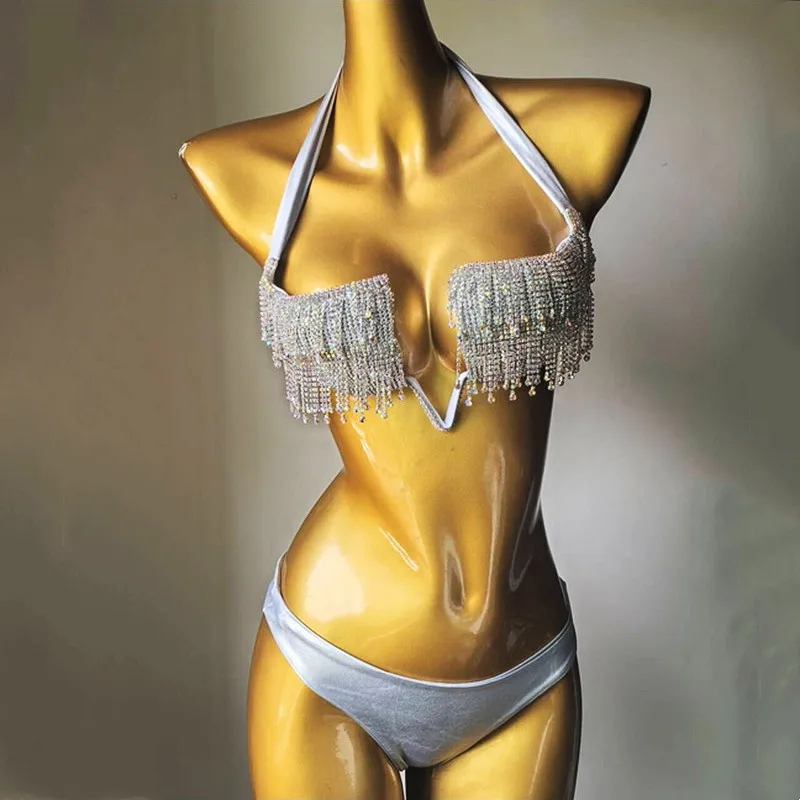 

Gold Silver Rhinestones Chains Bikini Women Swimsuit Beach Vacation Swimwear 2 Pieces Set Nightclub Bar Club Party Rave Outfit