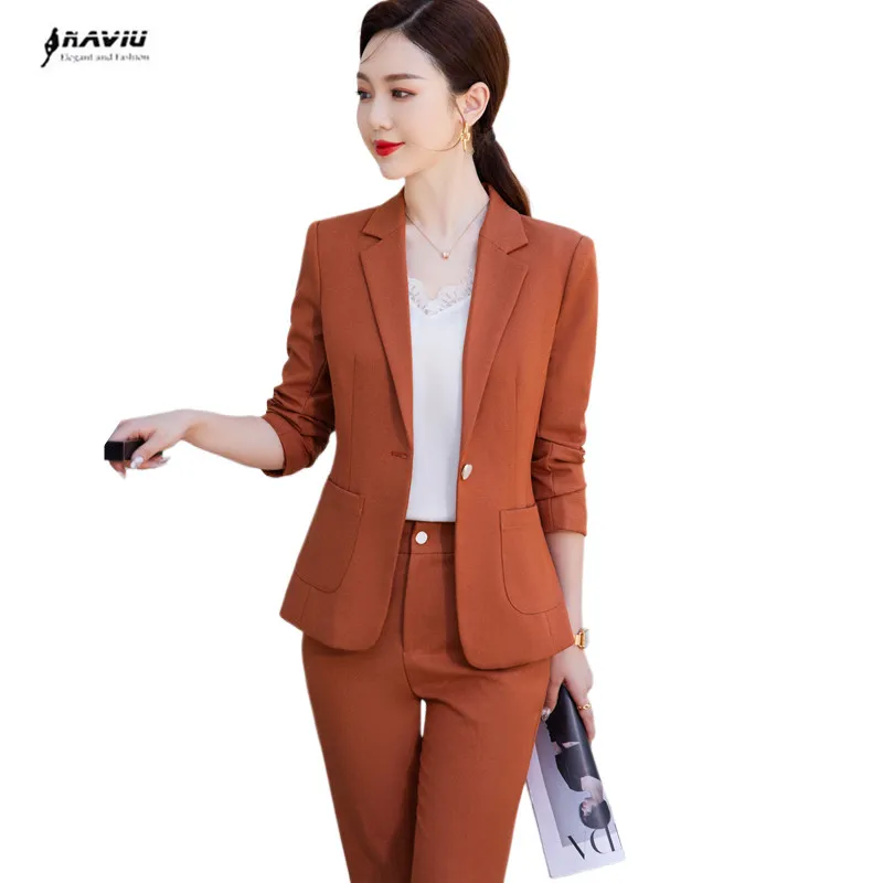 

NAVIU Brown Suits Women New 2023 Autumn Fashion Temperament Professional Business Slim Blazer And Pants Office Lady Work Wear