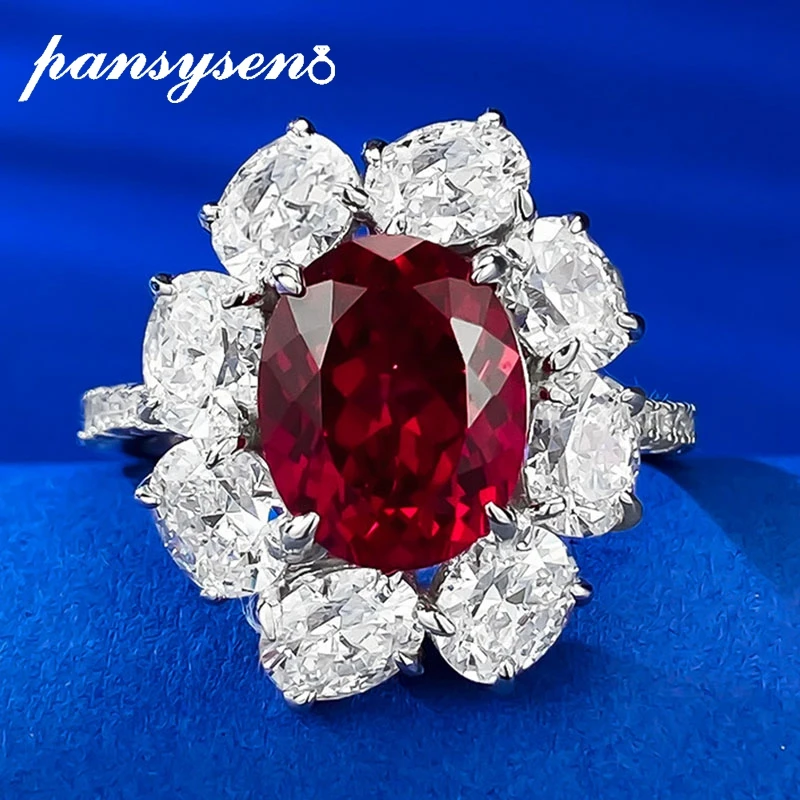 

PANSYSEN Vintage 925 Sterling Silver Oval Cut Ruby High Carbon Diamond Ring Women Flower Shape Wedding Engagement Jewelry Rings