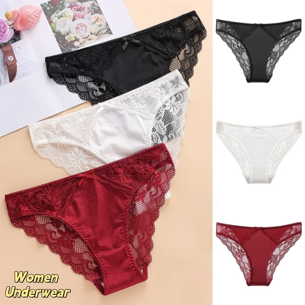 Breathable Mid Waist Women Underwear Lace Seamless Triangle Panties Ice Silk French Style Lace Silk Briefs Honeymoon