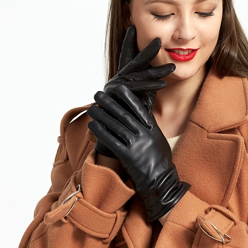 Women's Warm PU Leather Gloves for Autumn and Winter Windproof and Cold Proof Outdoor Cycling Versatile Black Gloves