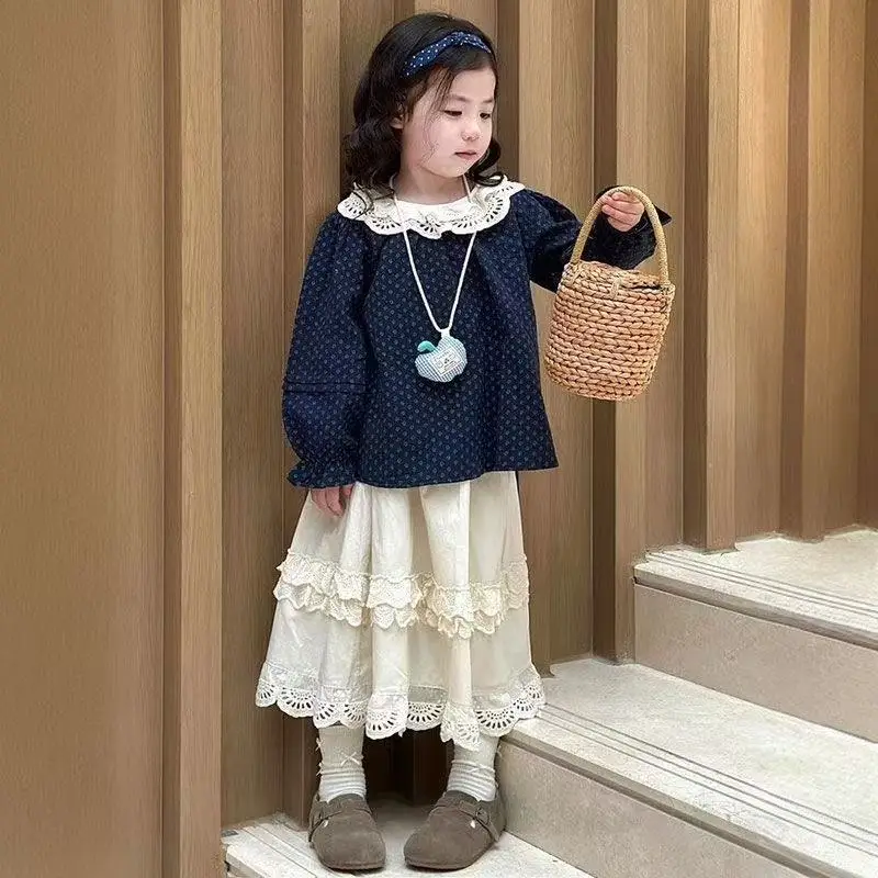 Girls' Spring and Autumn New Collection Forest Style Doll Collar Lace Long Sleeve Shirt Sweet Half Skirt Korean Edition Set
