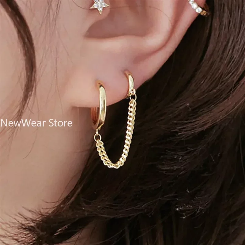 1PCS Hot Sale Two Hole Piercing Earrings for Women Brilliant Crystal Zircon 2 Metal Color Chain Earring Party Jewelry