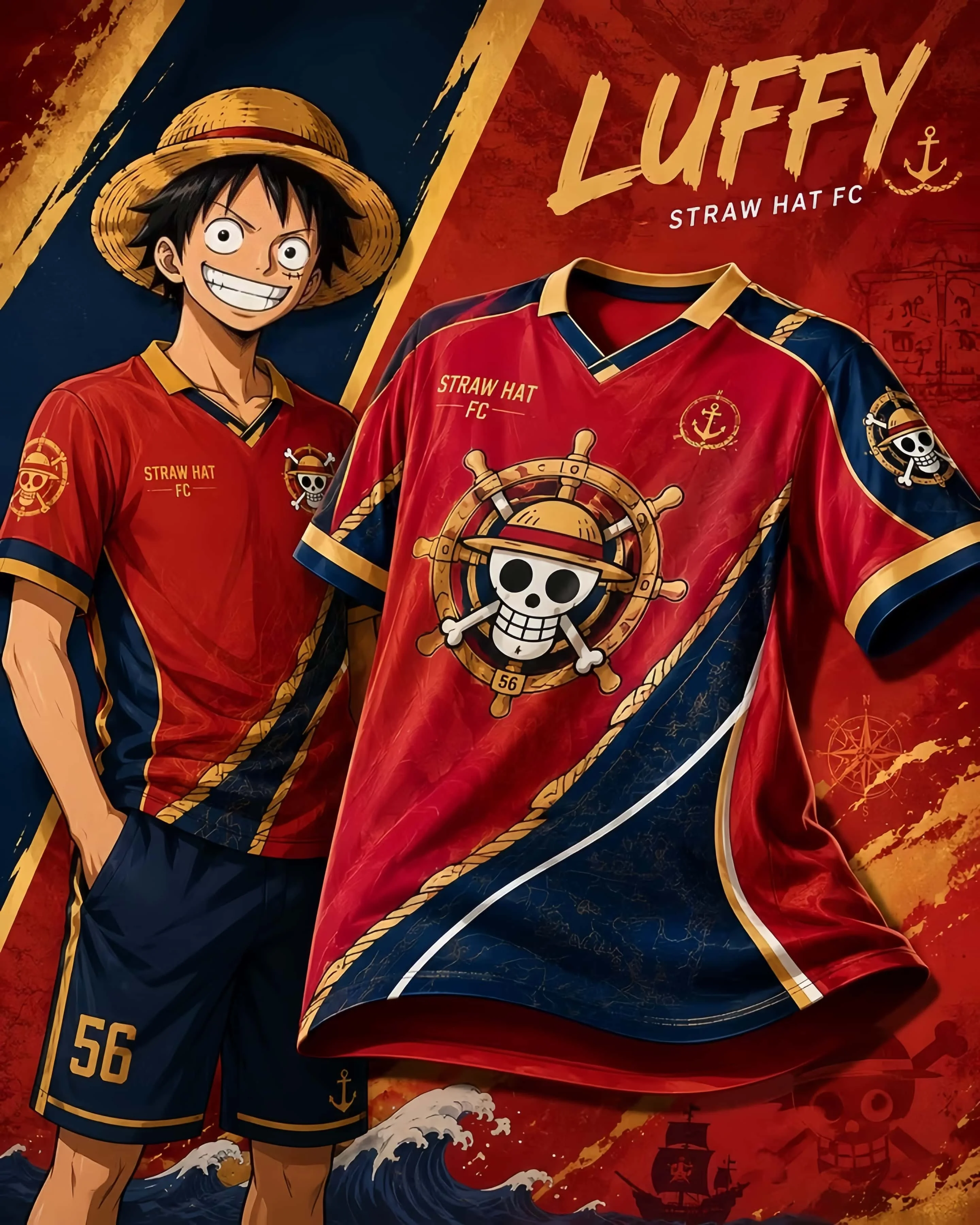Men's Luffy Straw Hat FC Mesh V-neck Jersey, Y2K Pirate Anime Street Wear Loose T-shirt Otaku Sailing Casual Wear for Teenagers