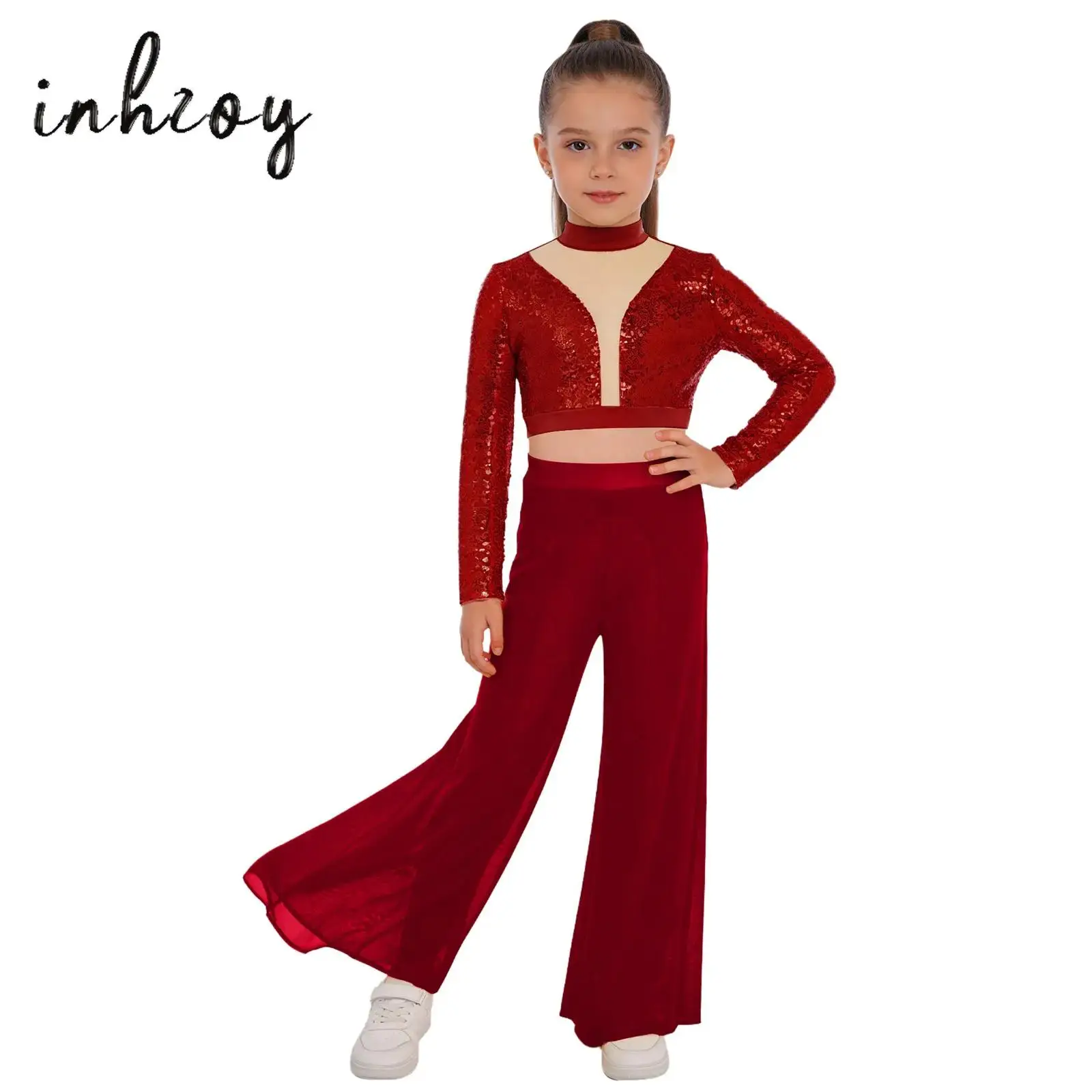 

Kids Girls Jazz Dance Practice Outfit Long-Sleeved Sequins Crop Top with Dance Wide-Leg Pants Latin Tango Salsa Jazz Costume