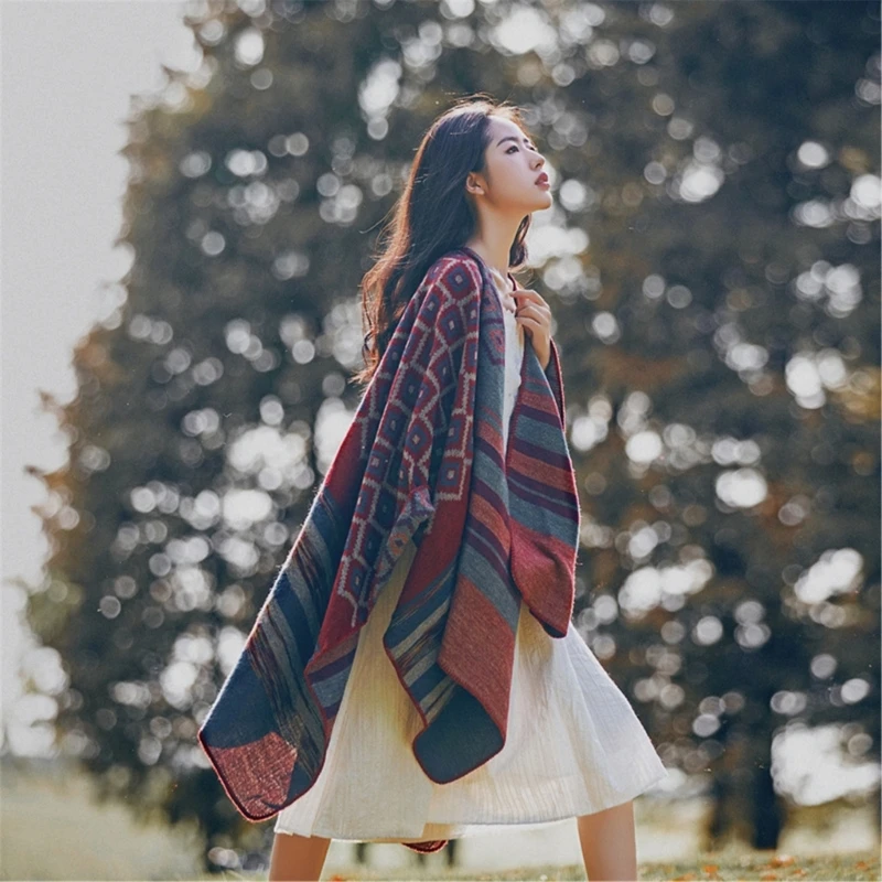 Geometric Pattern Mexico Poncho Sweater Handmade Pashmina Cloak Shawl Wrap for Travel Winter Autumn Windproof Capes