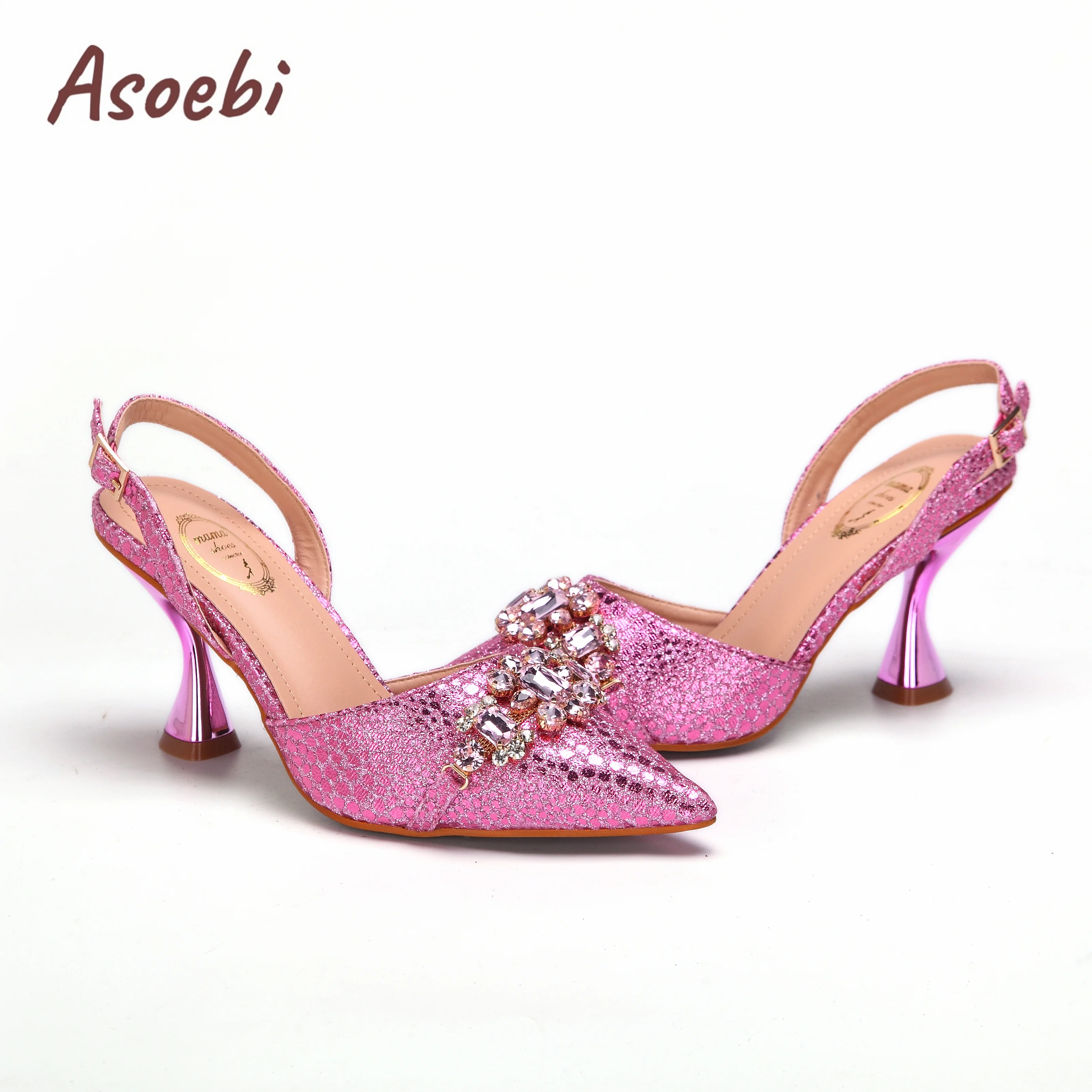 Pink Color Sandals for Women 2024 Luxury Wedding Pumps High Heels Rhinestone Design Party Shoes and Bags Set for Wedding Party