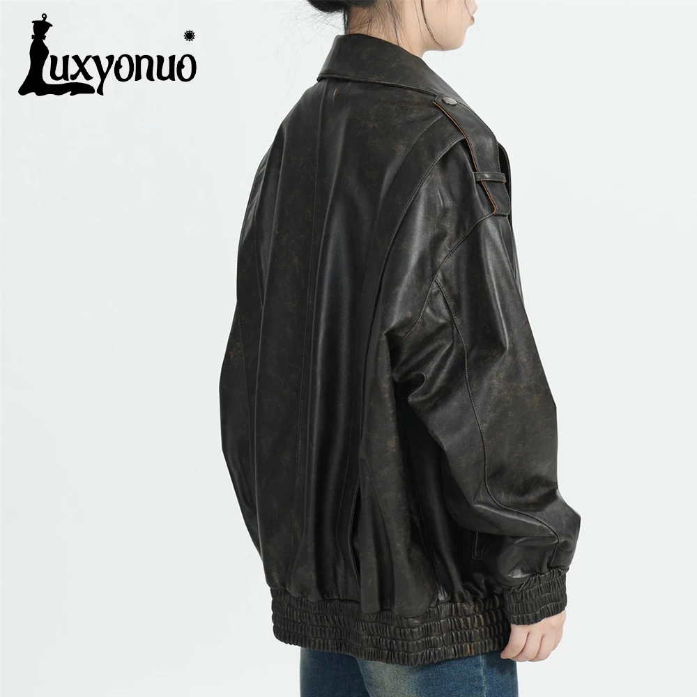 Luxyonuo Genuine Leather Jacket Women Sheepskin Coat Ladies Spring Fall Vintage Real Leather Coats Loose Style 2024 New Arrival