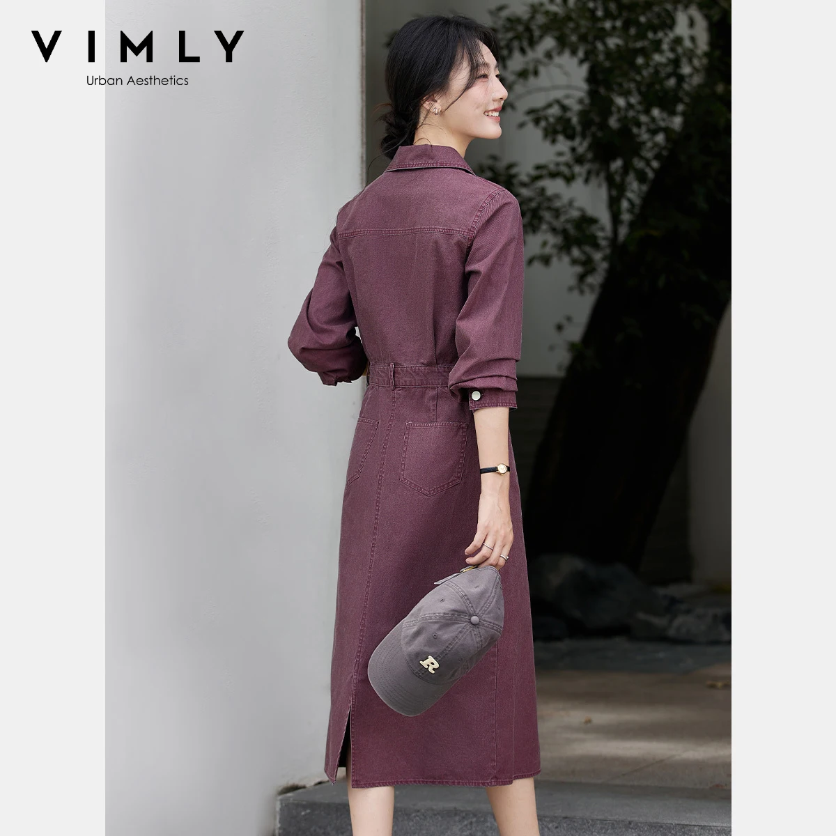 VIMLY Women's Purple Denim Dresses Casual Pure Cotton Turn-down Neck Ladies Maxi Dress Autumn 2025 Straight Button Dress A2891