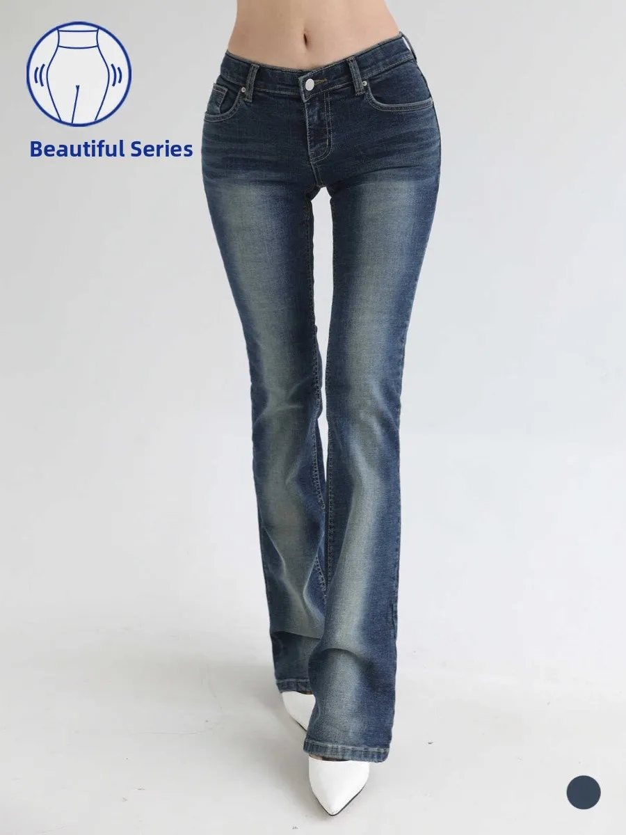 

Low Waist Bell Bot Jeans Women's Slimming mid Deep Blue with Hip Enhancing Pad Vintage Sle Cotton Stretch Denim Pants
