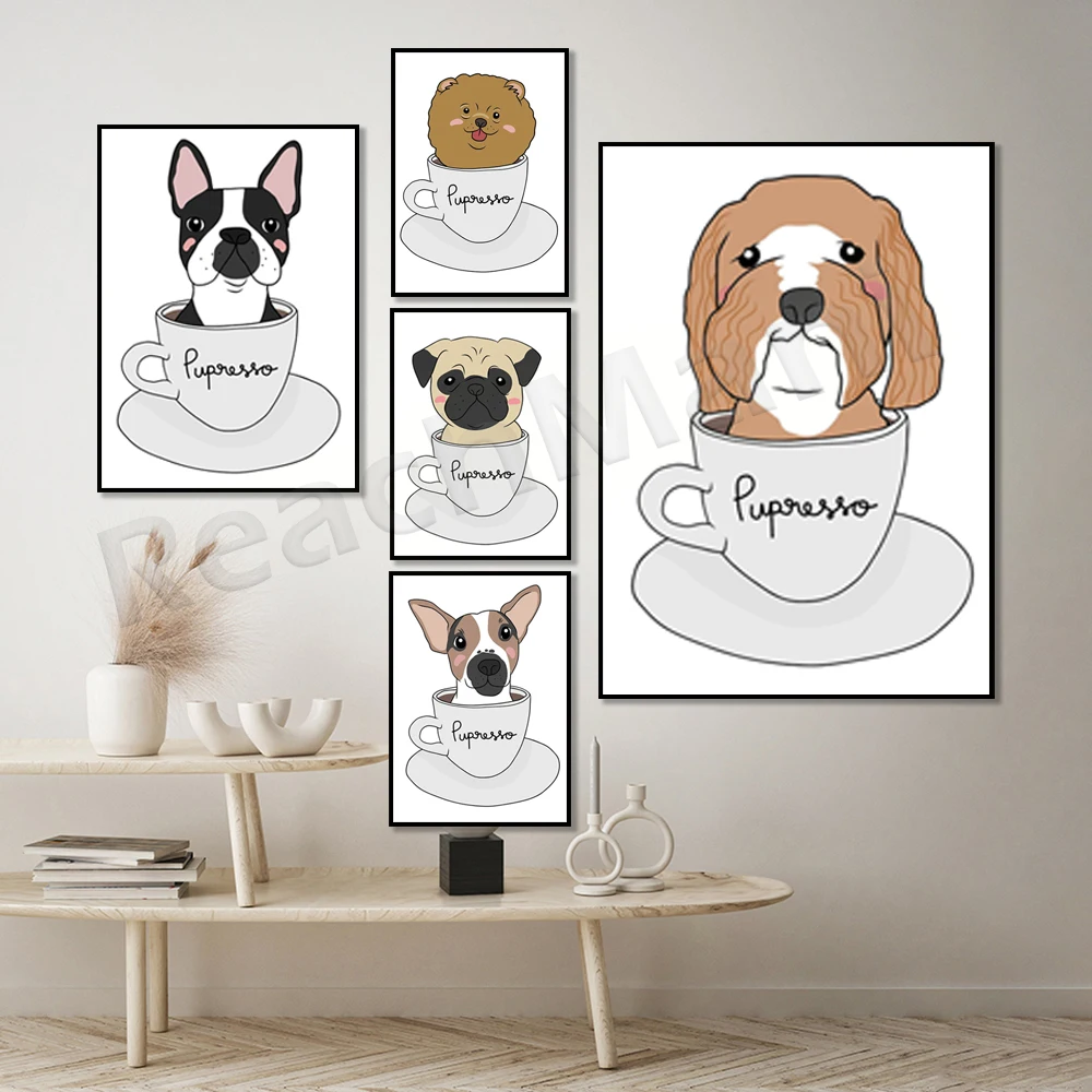 Animals Pug, Boston Terrier, Pomeranian, Poodle, Jack Russell, Mug Dog Canvas Poster Art Picture Decoration in Coffee Cup