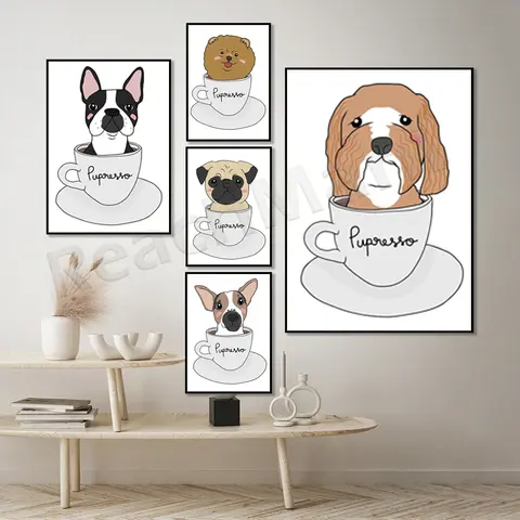 Animals Pug, Boston Terrier, Pomeranian, Poodle, Jack Russell, Mug Dog Canvas Poster Art Picture Decoration in Coffee Cup