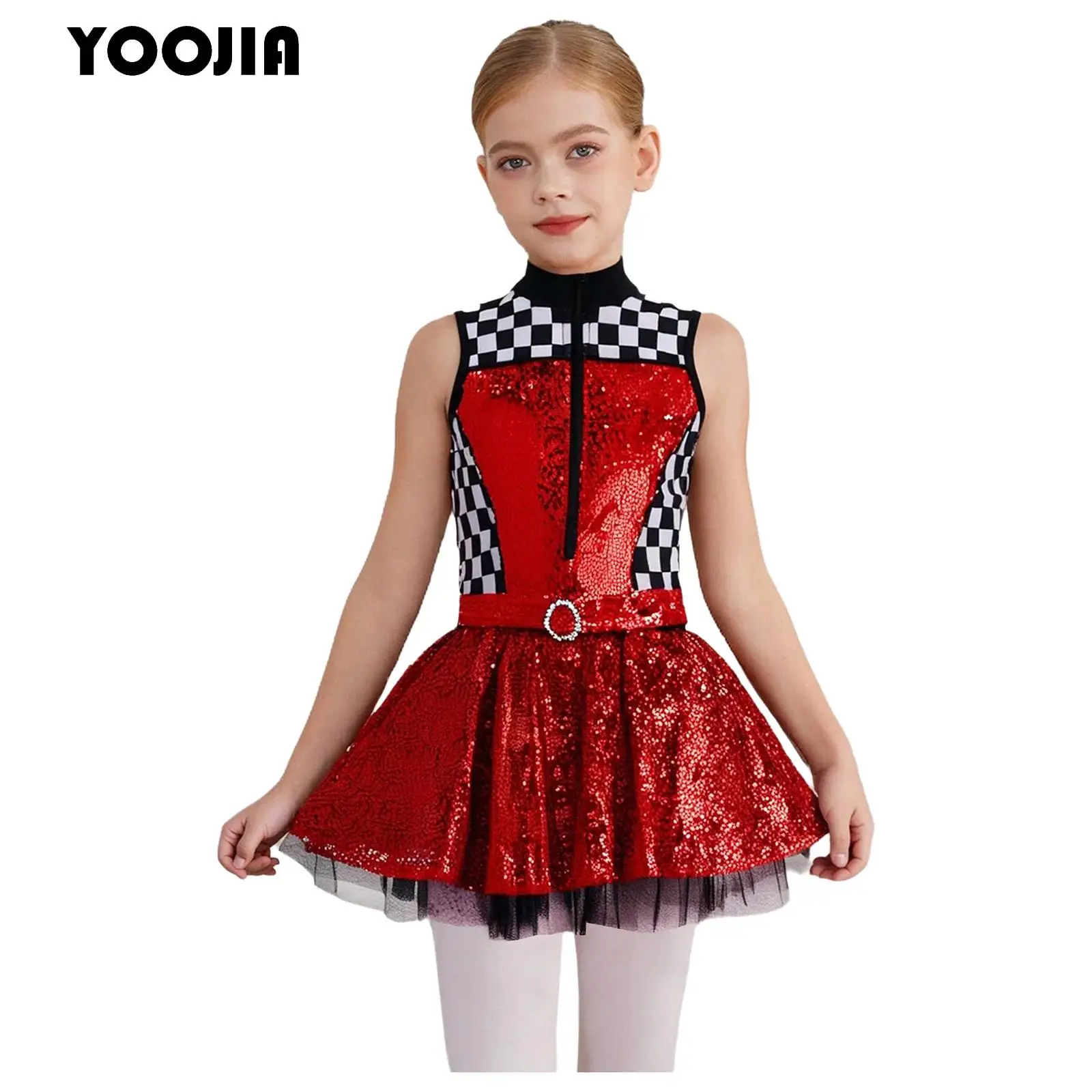 Halloween Race Car Driver Costume for Kids Girls Shiny Sequins Ballet Dance Tutu Dress Sleeveless Checkerboard Racing Dress Up