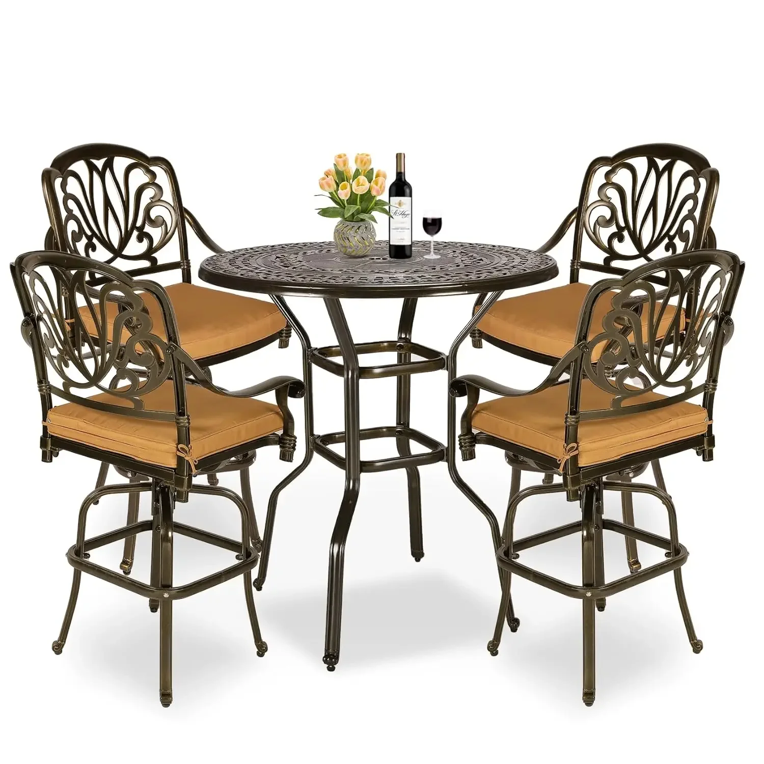 

5-Piece Patio Swivel Bistro Set, All-Weather Cast Aluminum Outdoor High Stool Set for Backyard Garden with 4, Customized