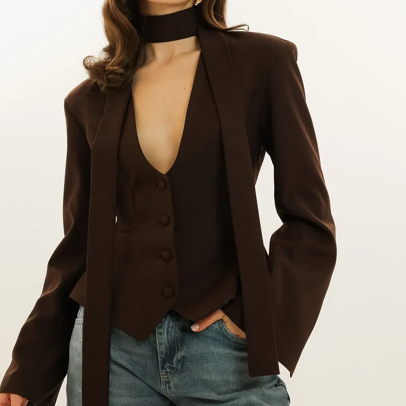 Traje de otoño para mujer, chaqueta corta de 1 pieza con bufanda de algodón, ropa para fiesta de graduación, chaqueta Sexy con cuello en V, abrigo Formal para invitados de boda y cumpleaños