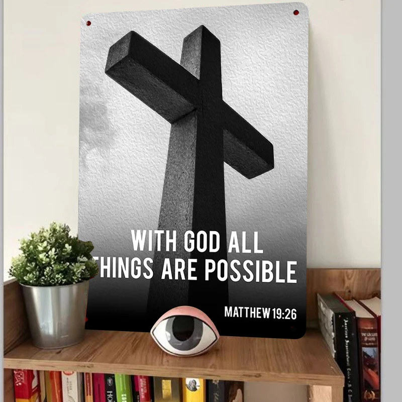 Christian Cross Metal Wall Art Religious Decor Matthew 19:26 Bible Verse Home Church Decoration