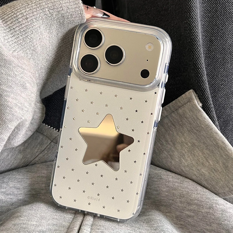 

Ins Korean Minimalist Fresh Mirror Star White Hard Back Cover For iPhone 13 14 15 16 17 Pro Max Phone Case