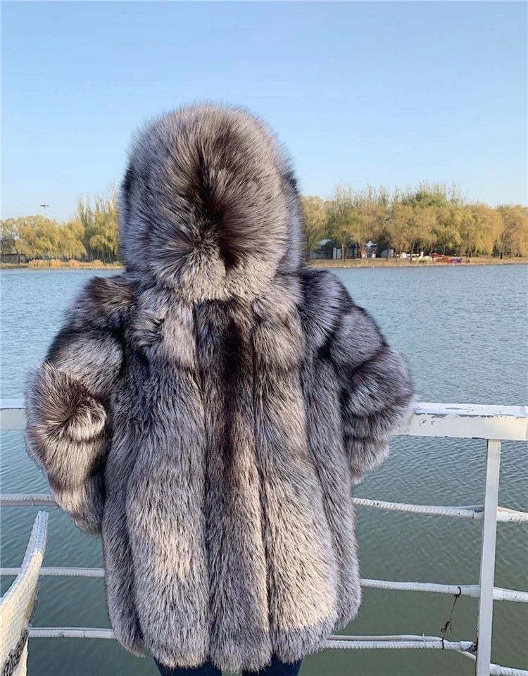 Winter Women Real Silver Fox Fur Coat Long Genuine Fur Jacket Luxury Natural Fur Streetwear Hooded Plush