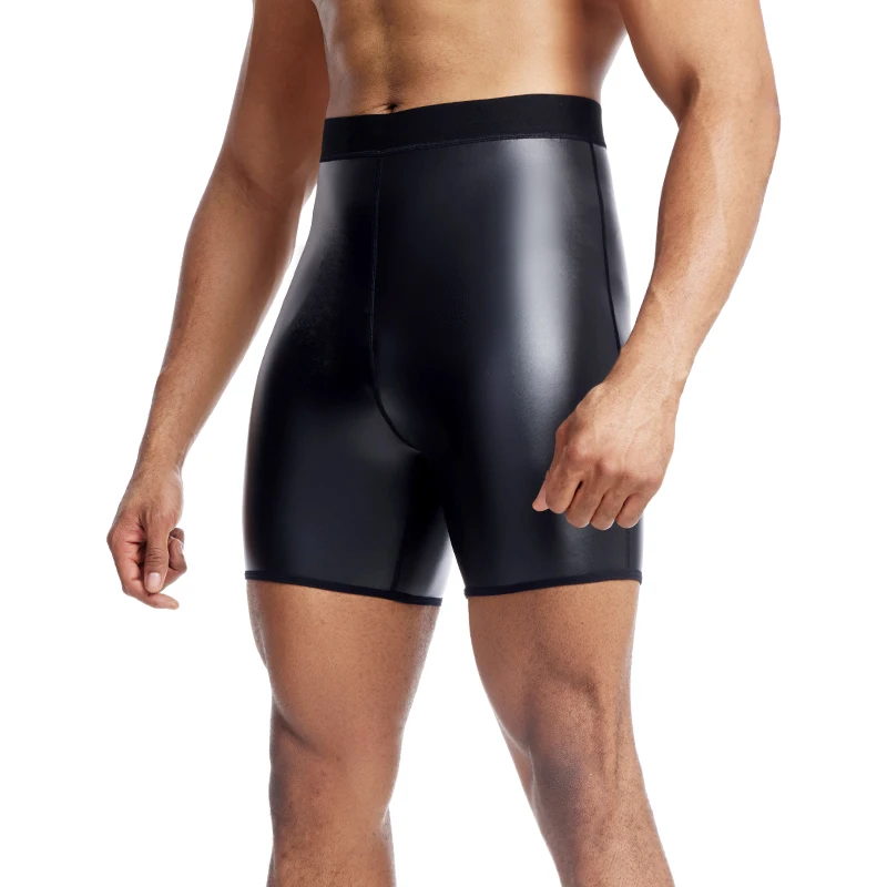 Pantalones cortos de cintura elástica con bolsillos para hombre, pantalones cortos de cuero sintético para fiesta en el Club, Fitness, Sexy