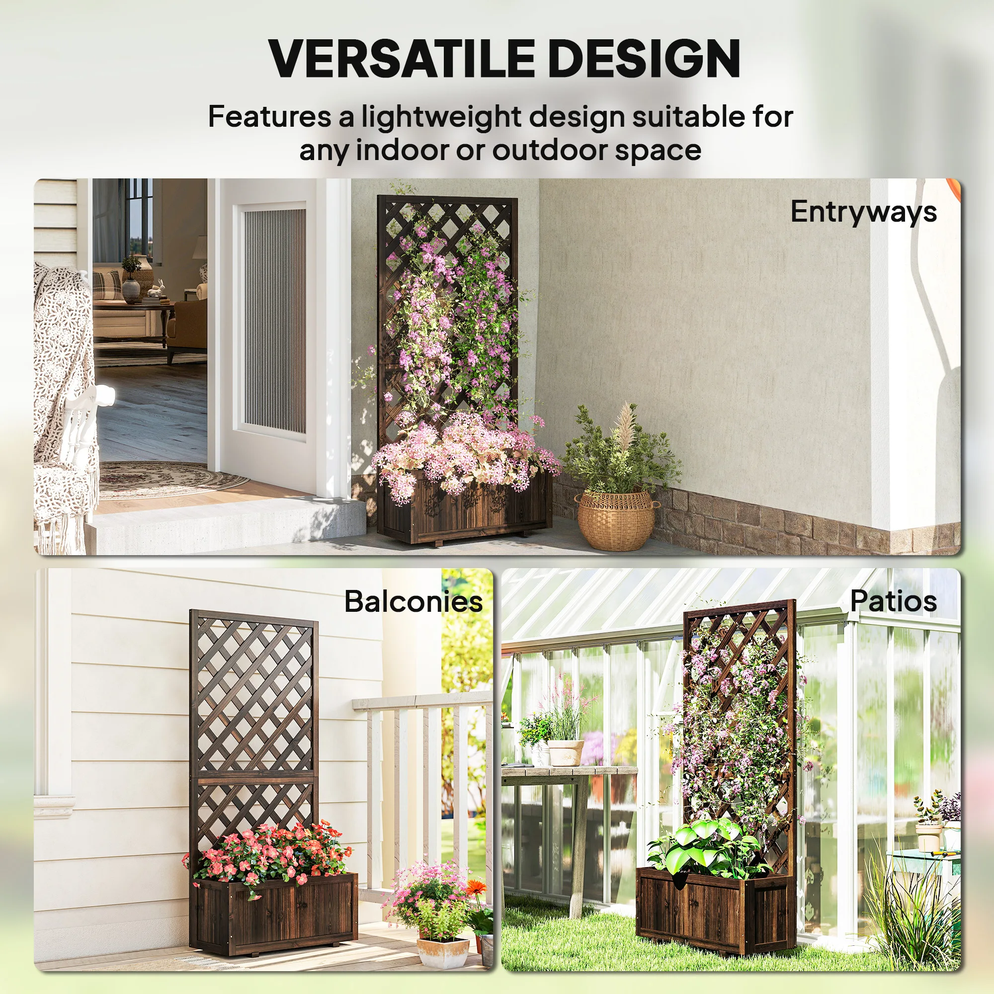 Garden Wooden Pine Trough Planter W/ Topped Trellis Climbing Plants, Carbonized