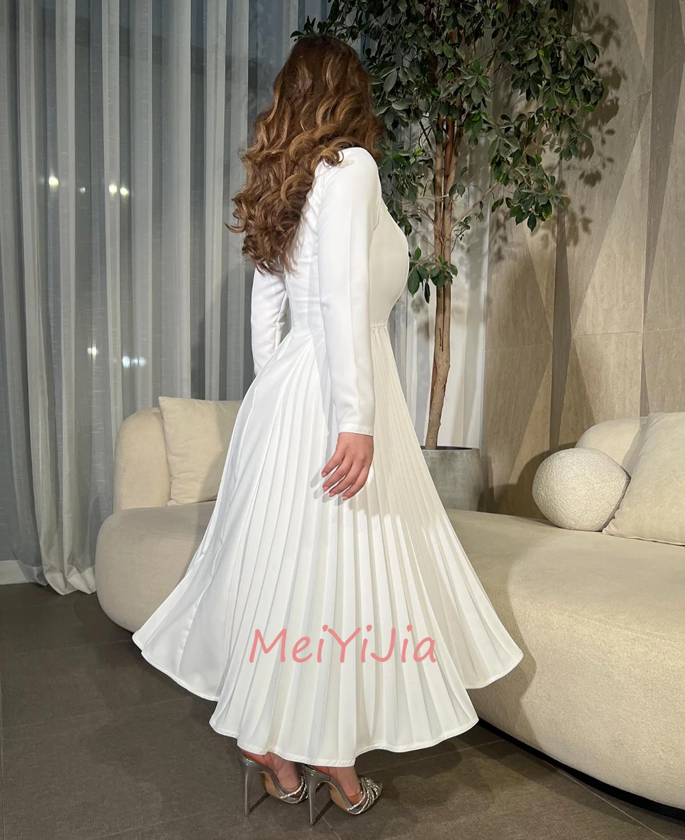 MeiYiJia O-Neck Simple A-Line Prom Long-Sleeves Button Ruffle Crepe Saudi Arabia Sexy Evening Birthday Club Outfits Summer 2024