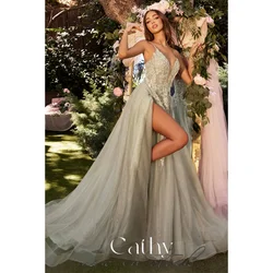 Cathy Lace Appliques Prom Dresses A-line Glitter Vestidos De Noche Spaghetti Strap Sleeveless Sexy Side Split Wedding Party 2024