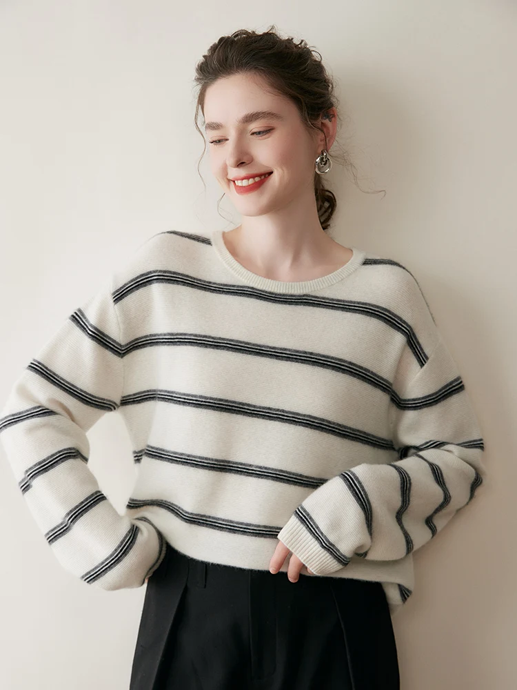 Nowy damski sweter z kaszmiru TLOML z okrągłym dekoltem, 100% kaszmir, sweter w paski z długim rękawem, jesienno-zimowa kaszmirowa dzianina, codzienne topy