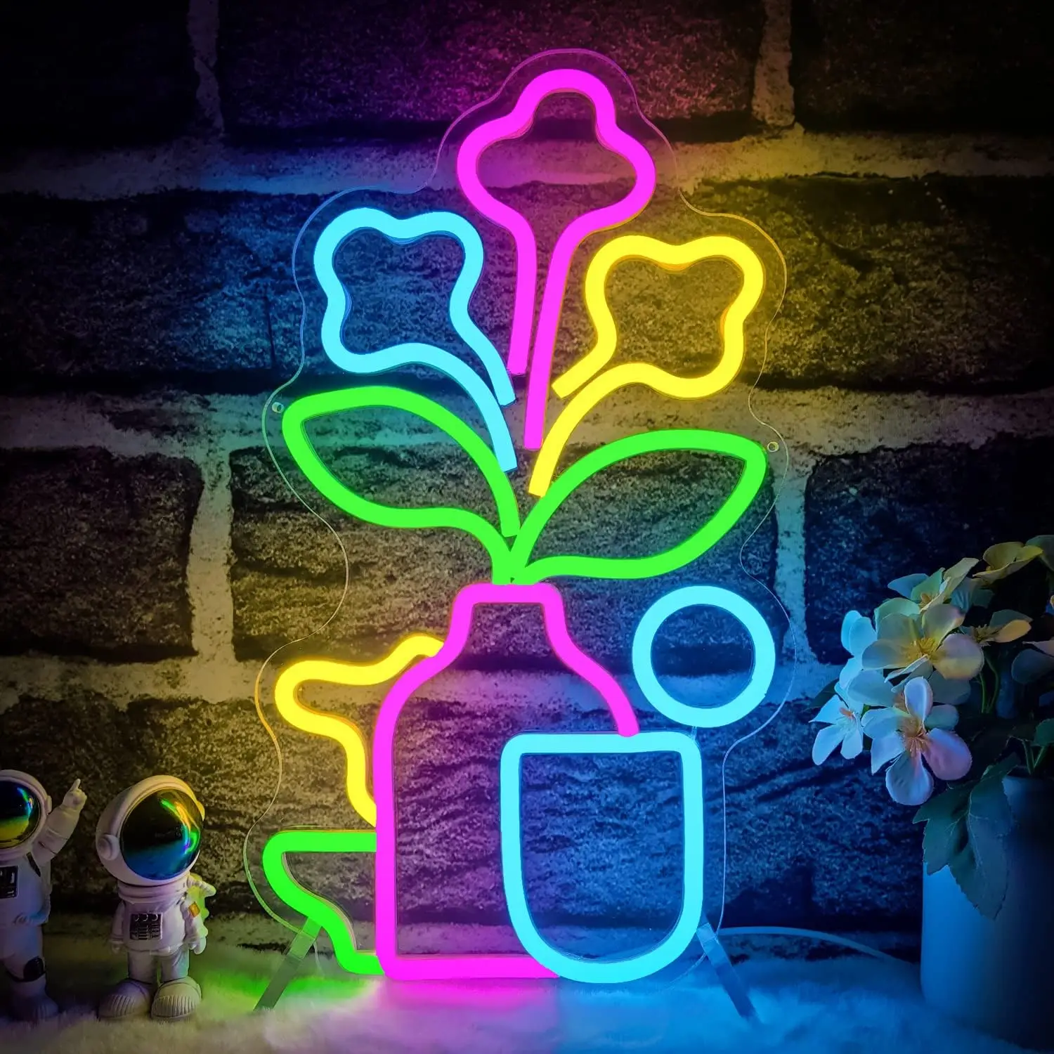 Flower Pot Neon Sign LED Wall Art USB Powered Acrylic Colorful Plant Glow Aesthetic Room Bedroom Living Game Decoration