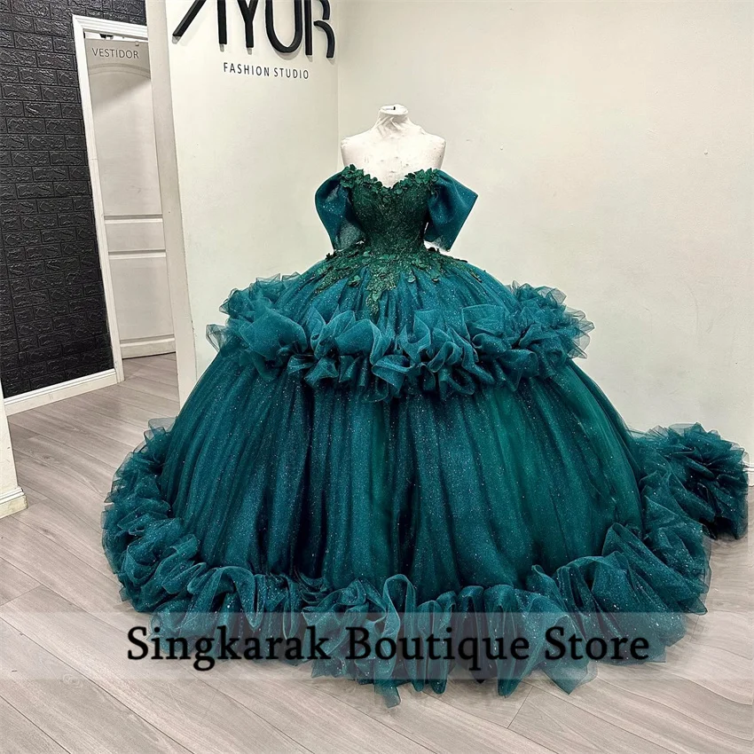 

Блестящее изумрудно-зеленое бальное платье принцессы Quinceanera, платье принцессы с кристаллами и жемчугом, оборками, многоуровневое милое платье на день рождения 16, по индивидуальному заказу