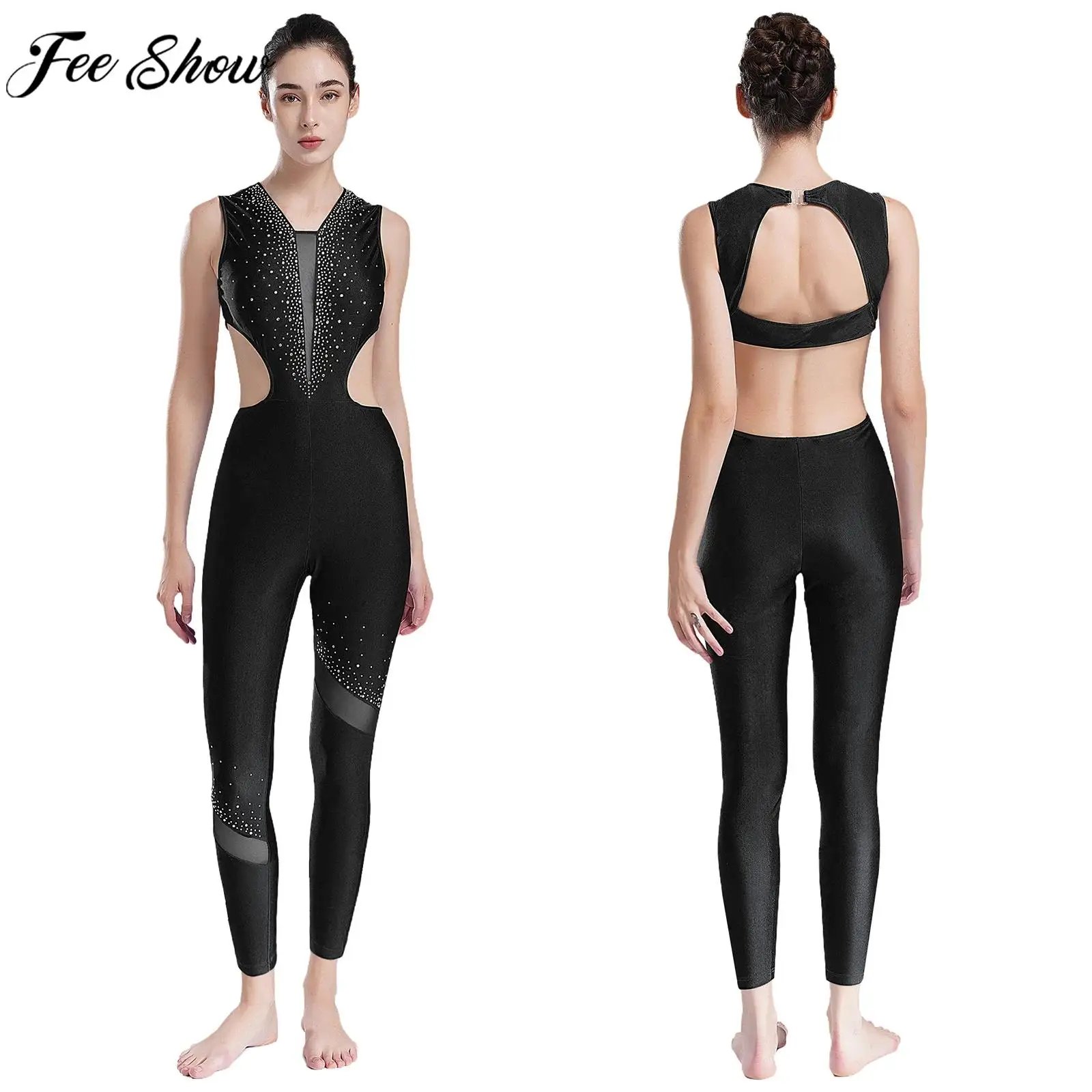 

Women Figure Skating Jumpsuit Ballet Dance Gymnastics Yoga Acrobatics Costume Sleeveless Shiny Rhinestones Mesh Cutout Leotard