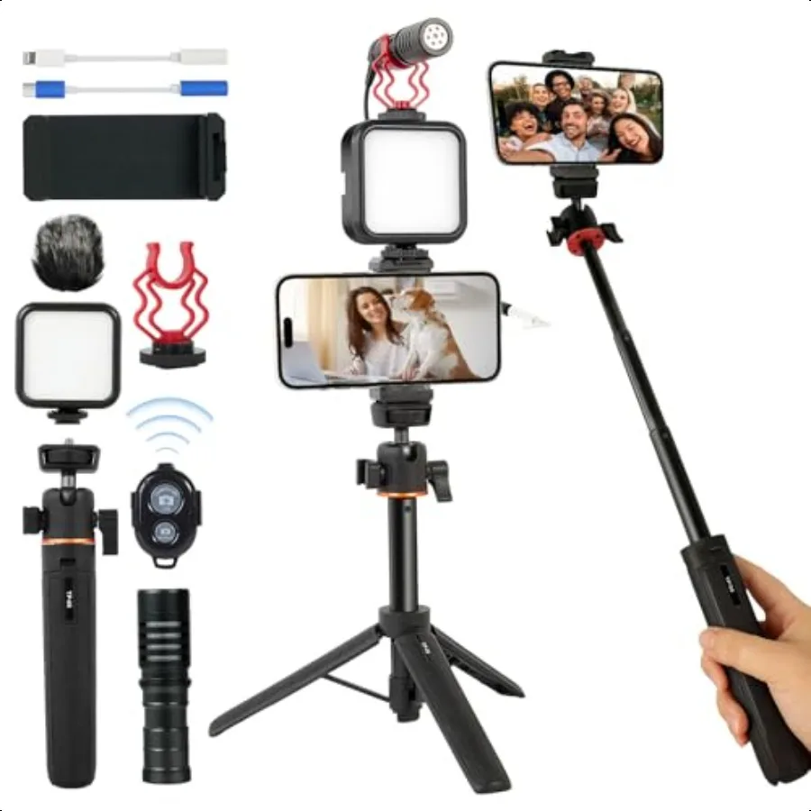 

Vlogging Kit for iPhone Android Compatible YouTube Starter Kit for with Rechargeable LED Light + Microphone + Phone Clip + Mult