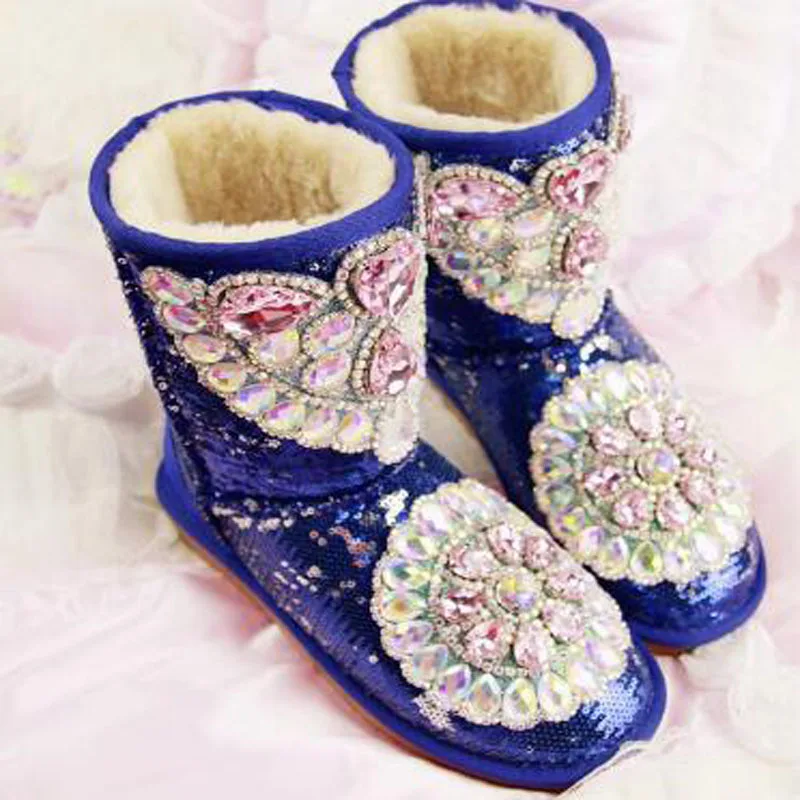 Winter New Women Blue Black Fish Scales Hand Made Crystal Rhinestone Diamond Round Toe Warming Flat Snow Boots Short Boote Shoes