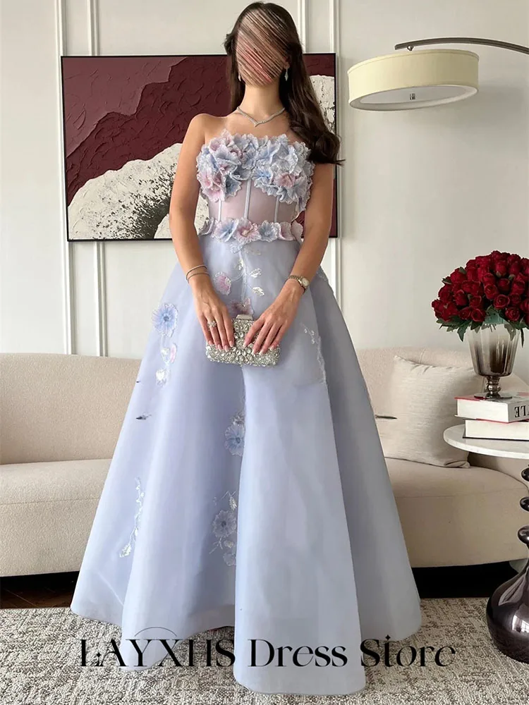 LAYXHS Exquisite trägerlose Abendkleider, A-Linie, 3D-Blumen-Tüll, durchsichtig, mit Schnürung, Damen-Abschlussballkleider, individuell gestaltet