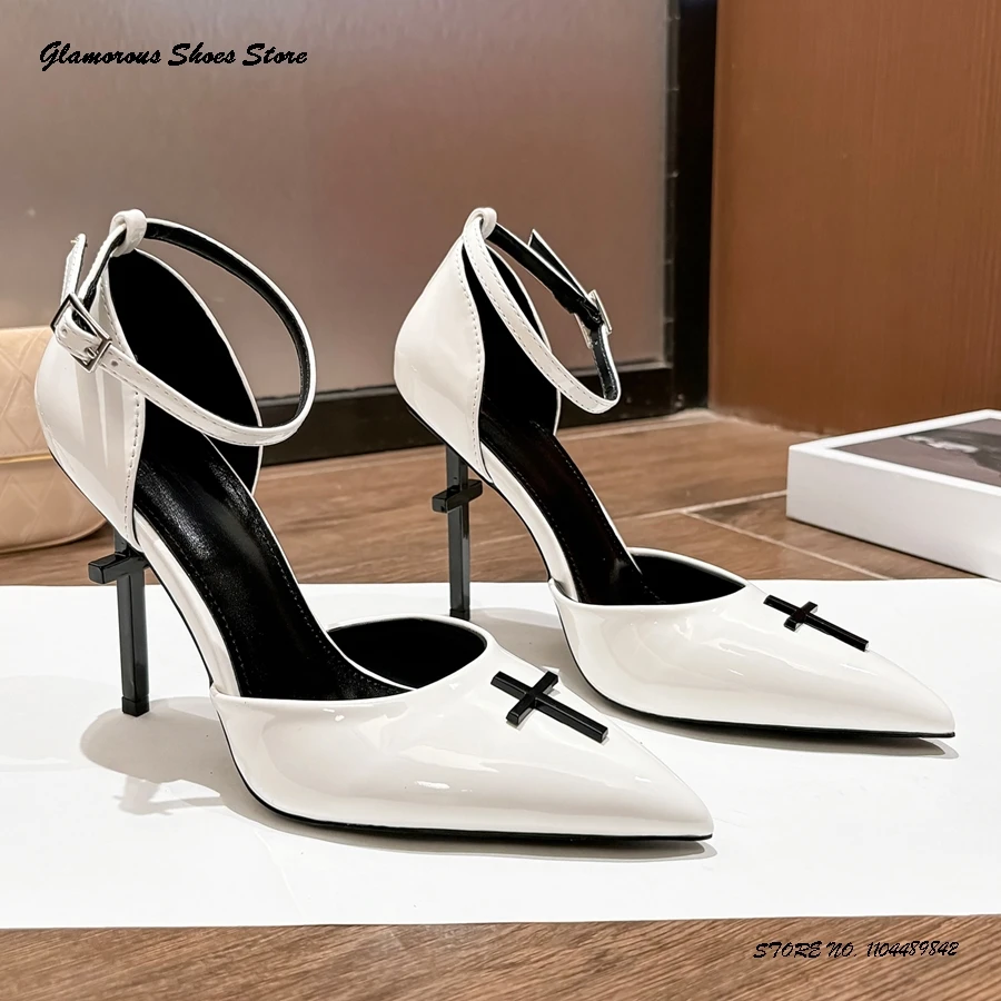 المرأة غريبة نمط حذاء كعب عالي الجدة أشار تو الكاحل حزام فستان الحفلات أحذية الربيع الصيف براءات الاختراع والجلود الخناجر
