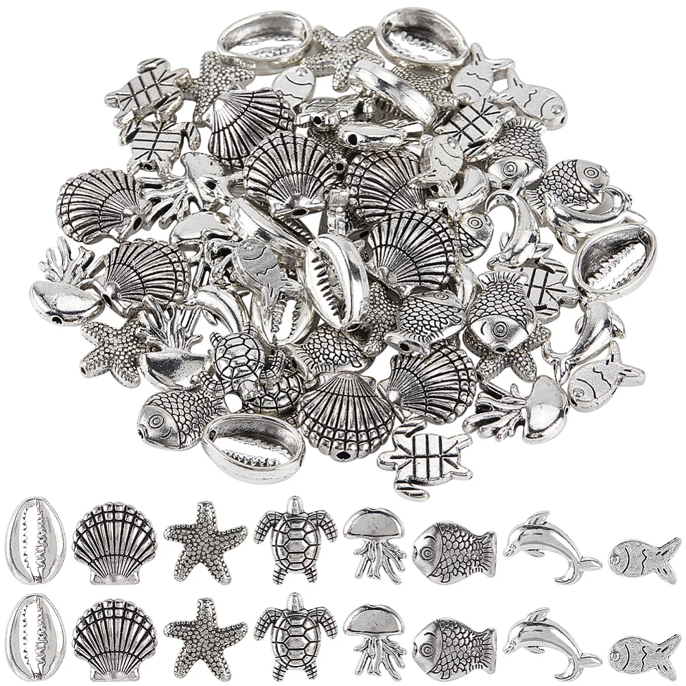 80pcs Silver Sea Beads Ocean Animal Beads Assorted Metal Sea Life Creatures Fish Shell Jellyfish Starfish Turtle Spacer Bead