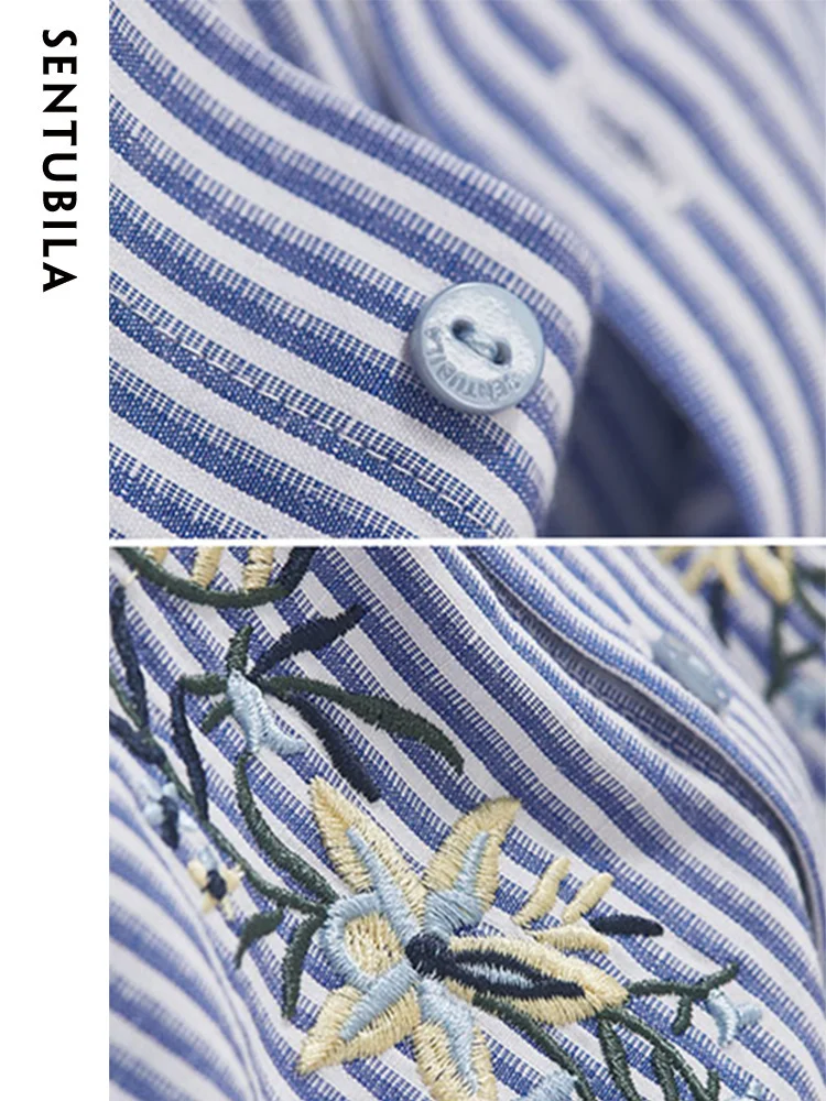 SENTUBILA Vertical Strip Embroidery Casual Shirts for Women 2024 Autumn Long Sleeve Top Lapel Button Down Shirt Blouse 123C42971