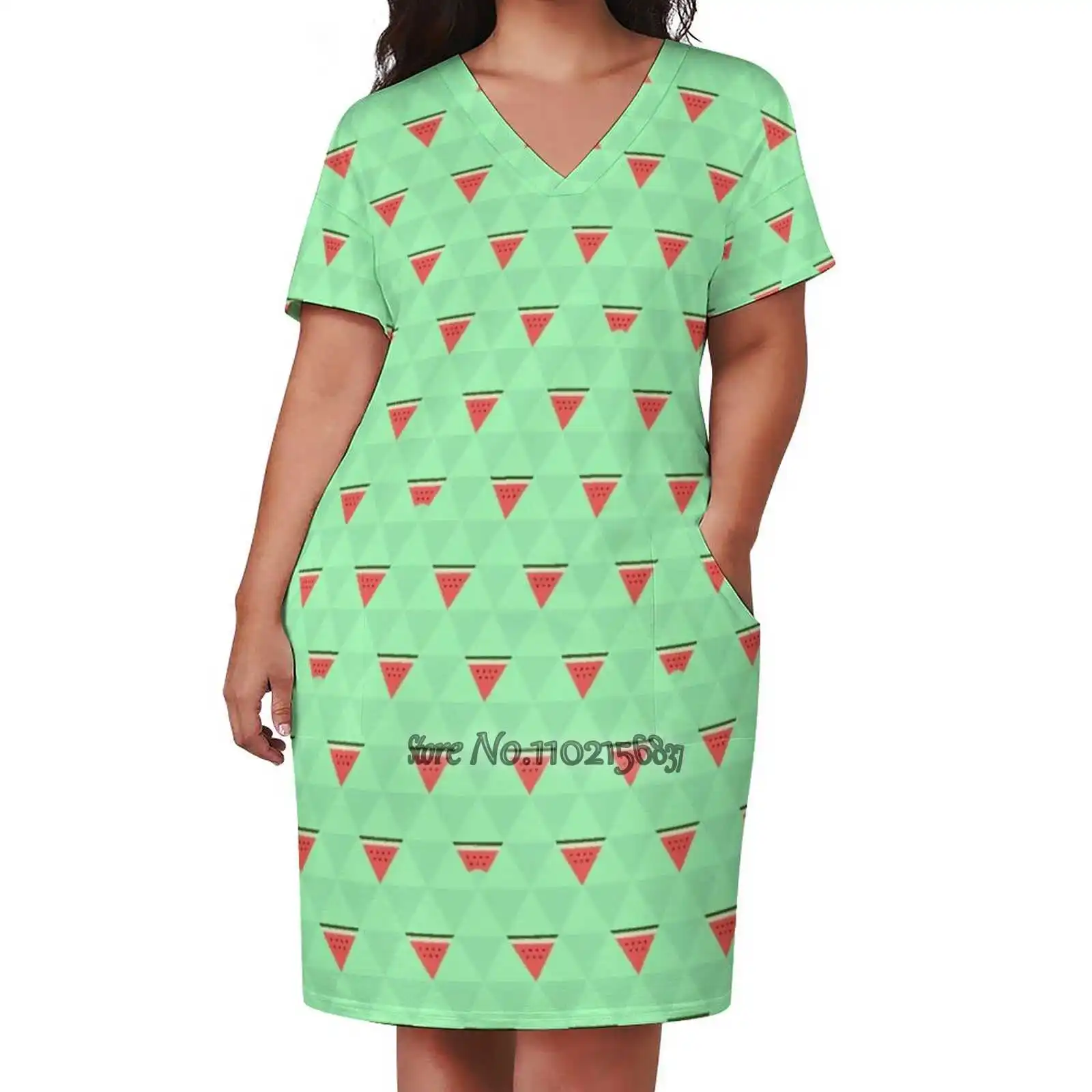 

Sliced Loose V-Neck Skirt Sexy Short Sleeve Skirt Loose A-Line Dress Light And Breathable Dress Watermelon Slices Slice Sliced