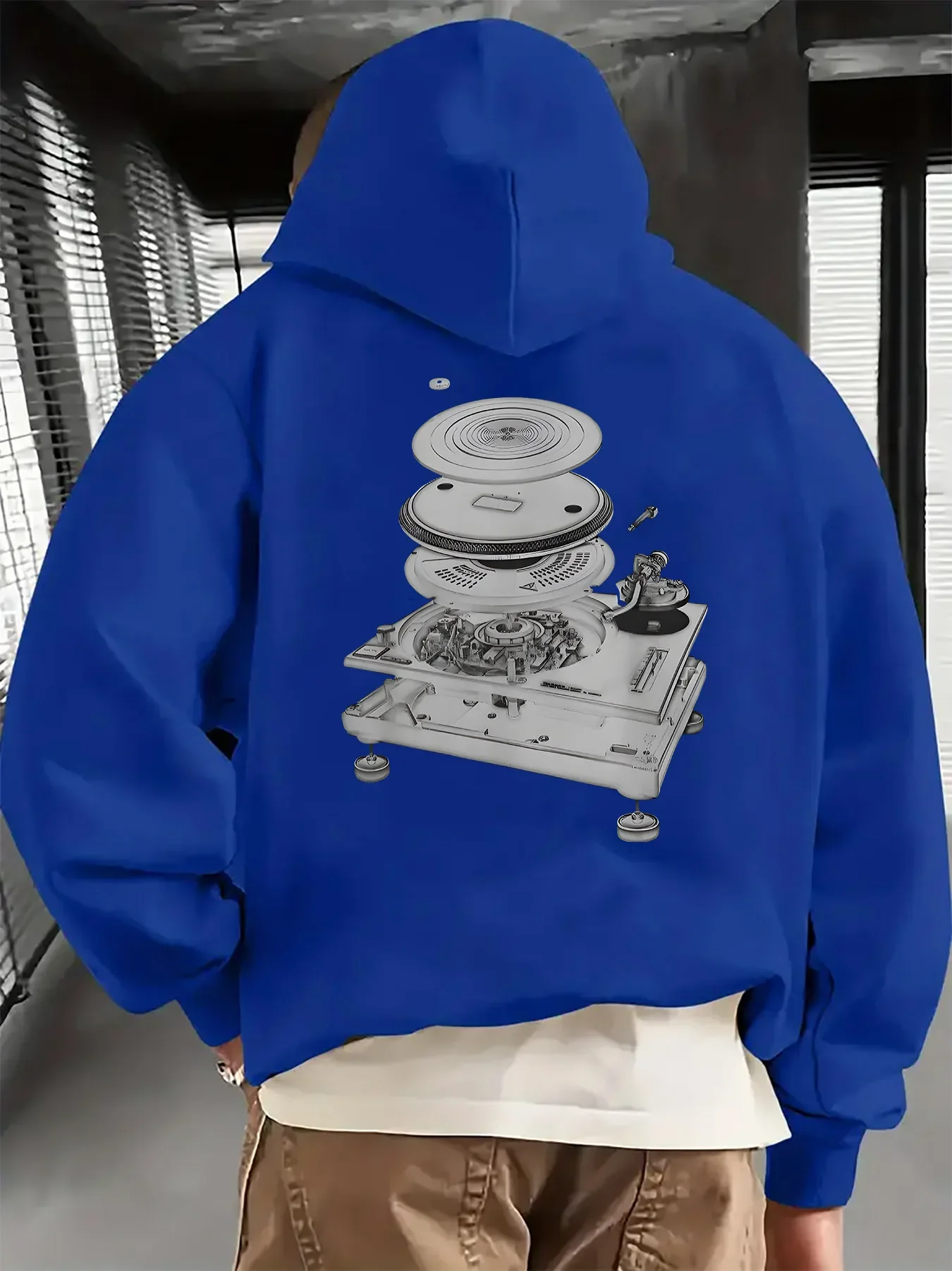Men Women Exploded View Turntable Vinyl Record Player Graphic Hoodie Casual Loose Pullover Hip Hop Streetwear Hooded Sweatshirt