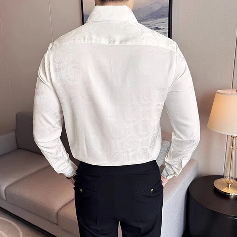 2026 Men's White Long-sleeved Shirt, Single-breasted Square Collar Geometric Pattern Shirts Fashion Slim Jacquard Fabric  Tops