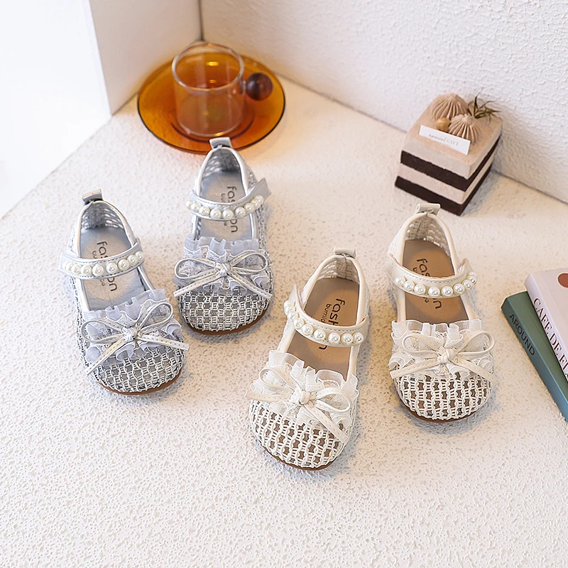 

New Children Causal Mary Jane Shoes Cute Princess Lace Bow Girls Outdoor Dress Shoes Breathable Lightweight Kids Mesh Flat Shoes
