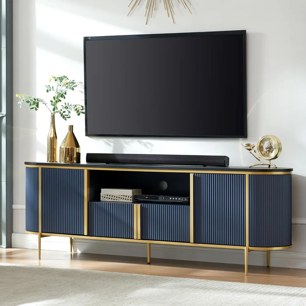 

Luxury 70 inch Fluted TV Stand Modern Entertainment Center with Faux Marble Top Curved Profile Media Console Navy Blue for