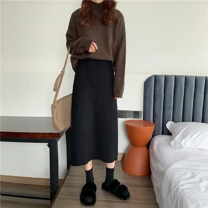 

Knitted Skirt for Women High Waisted Knitting Skirts Midi Skirts Solid Color Stretchable Skirts