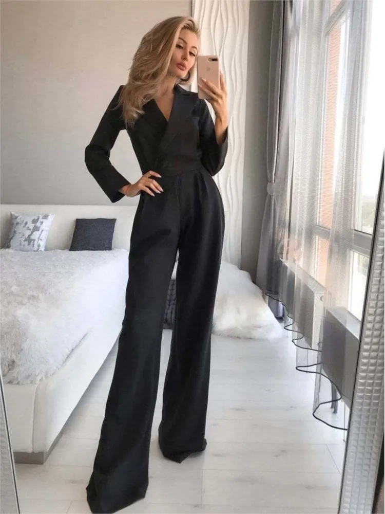 Solid Color Full Jumpsuit Women Summer Lapel Tops & Wide Leg Pants Fashion Black Jumpsuit Elegant Women Fall Clothes 2024 Women