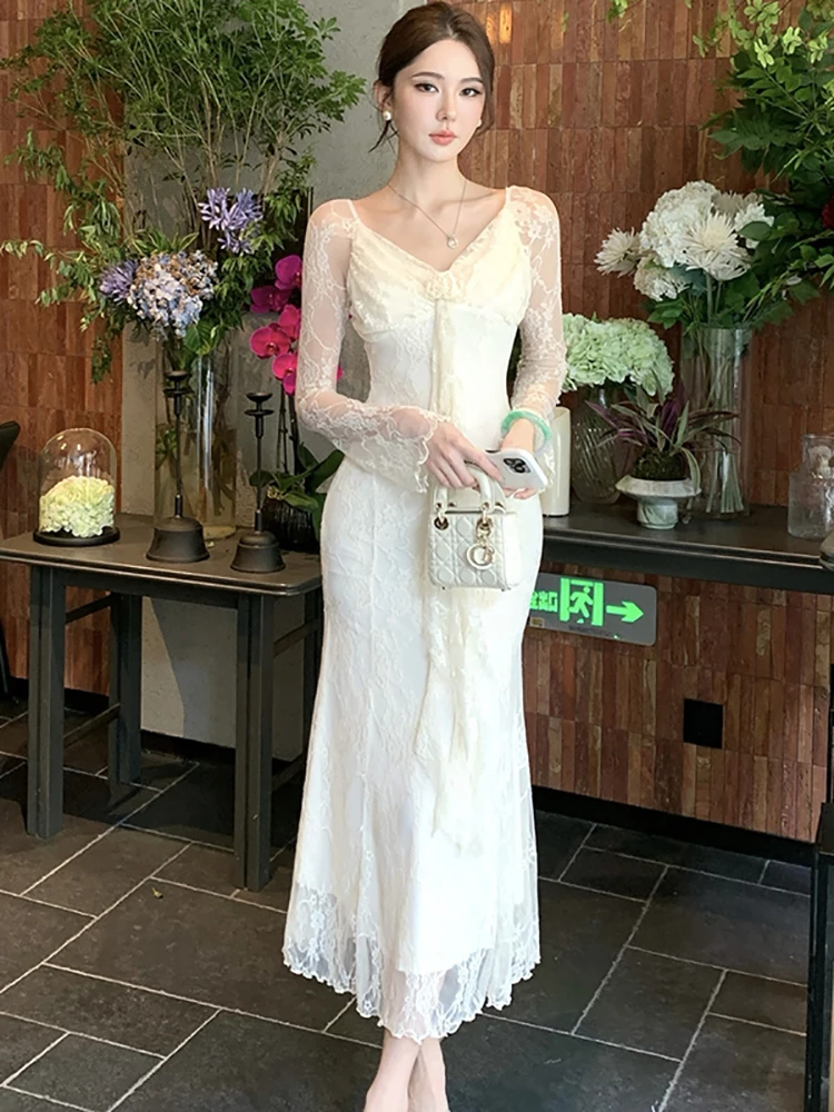 Otoño blanco encaje Jacquard manga larga con cuello en V vestido largo Sexy 2025 vestido de fiesta de lujo coreano mujeres elegante vestido de noche ajustado