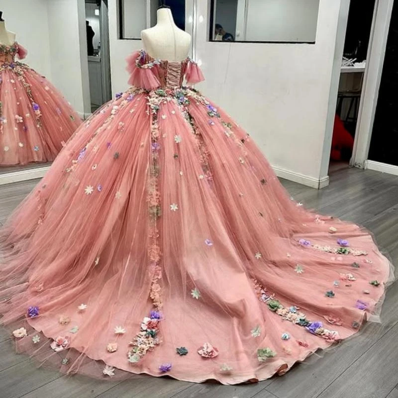 Customized Pink Quinceanera Dresses Beading Flower Tull Birthday Party Dress Vestidos 15 De Anos Sweet 16 Dress