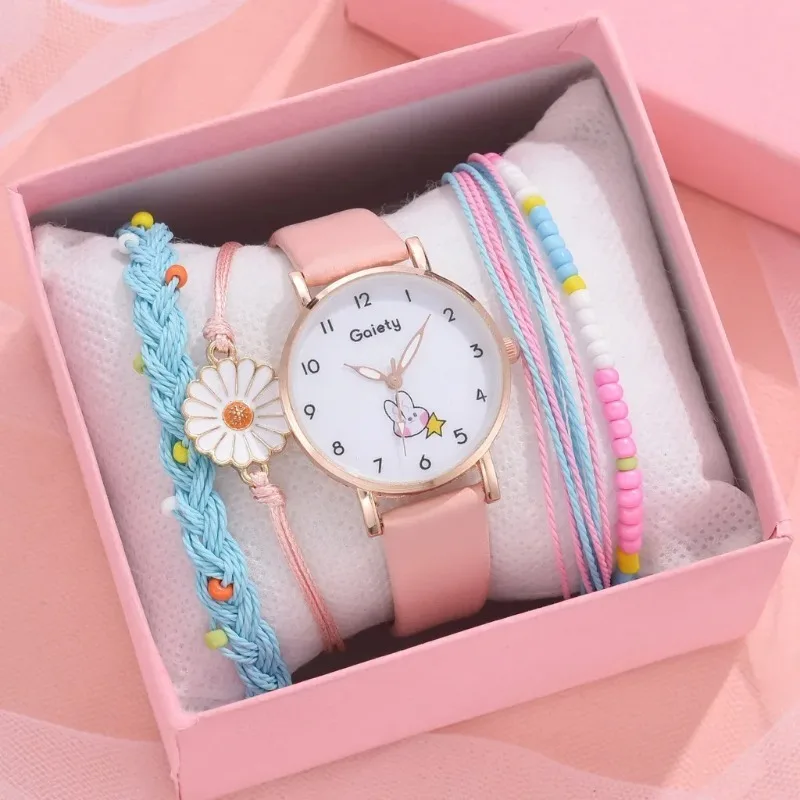 2 Pcs New Women Watch Bracelet Set Leather Cute Rabbit Girls Wristwatch Fashion Ladies Quartz Clock Reloj Mujer Students' Gift