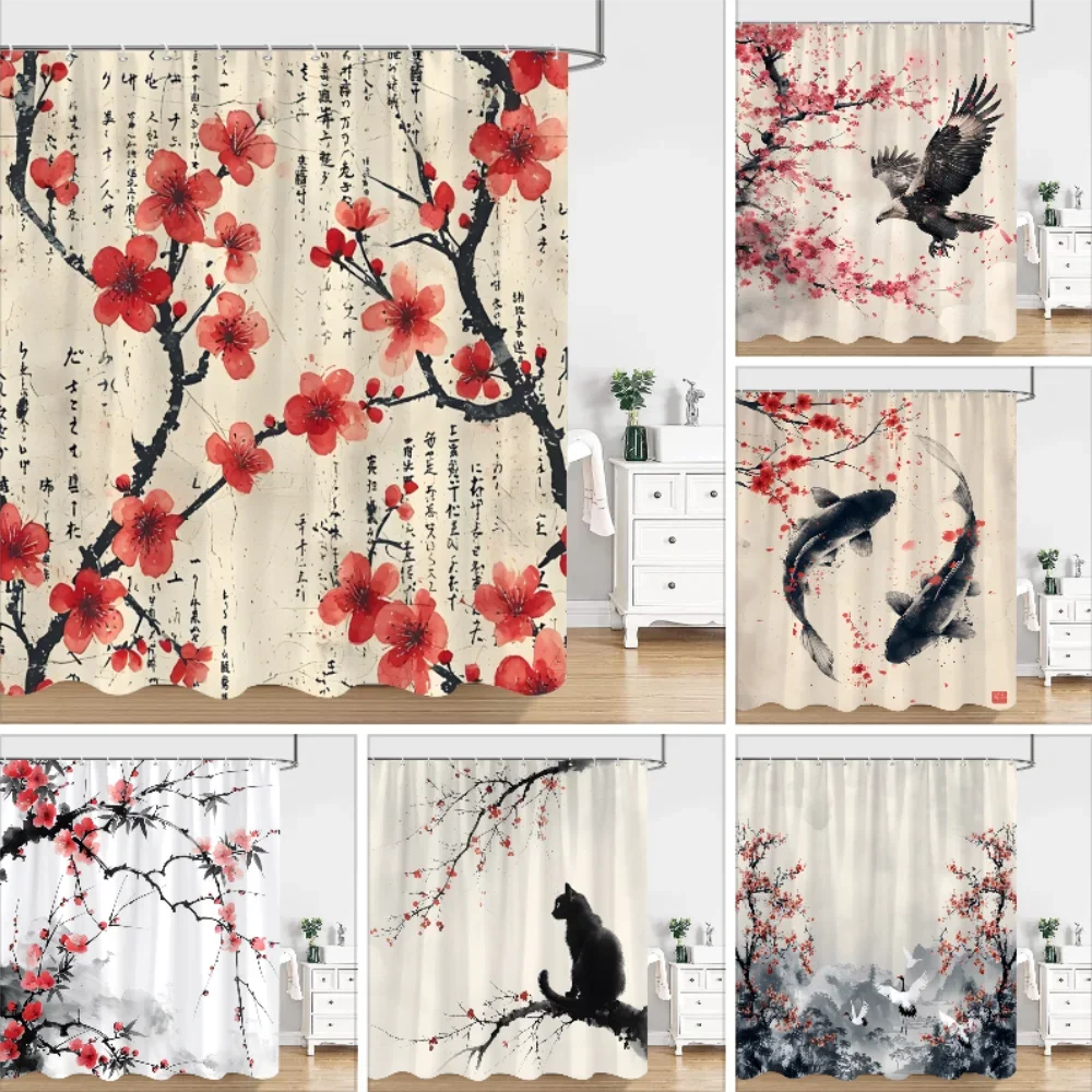 Chinese Japanese Ink Painting Shower Curtain Red Plum Blossom Art Painting Retro Style Polyester Shower Curtains Bathroom Decor