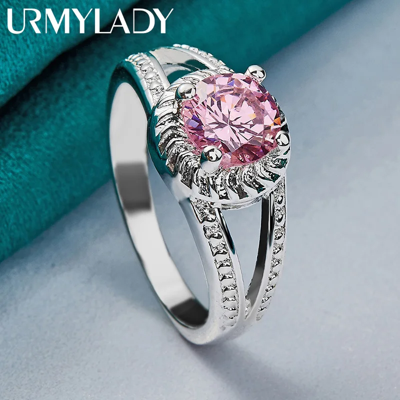 URMYLADY 925 Sterling Silver Charm Pink Zircon 7-10 # Ring For Women Lady Wedding Party Fashion Jewelry